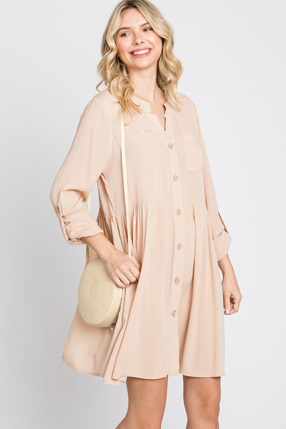 Long sleeve oversize gauze shirt sand dress