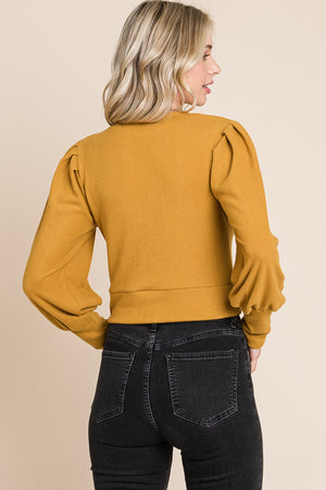 Long sleeve bubble sleeve crop mustard top