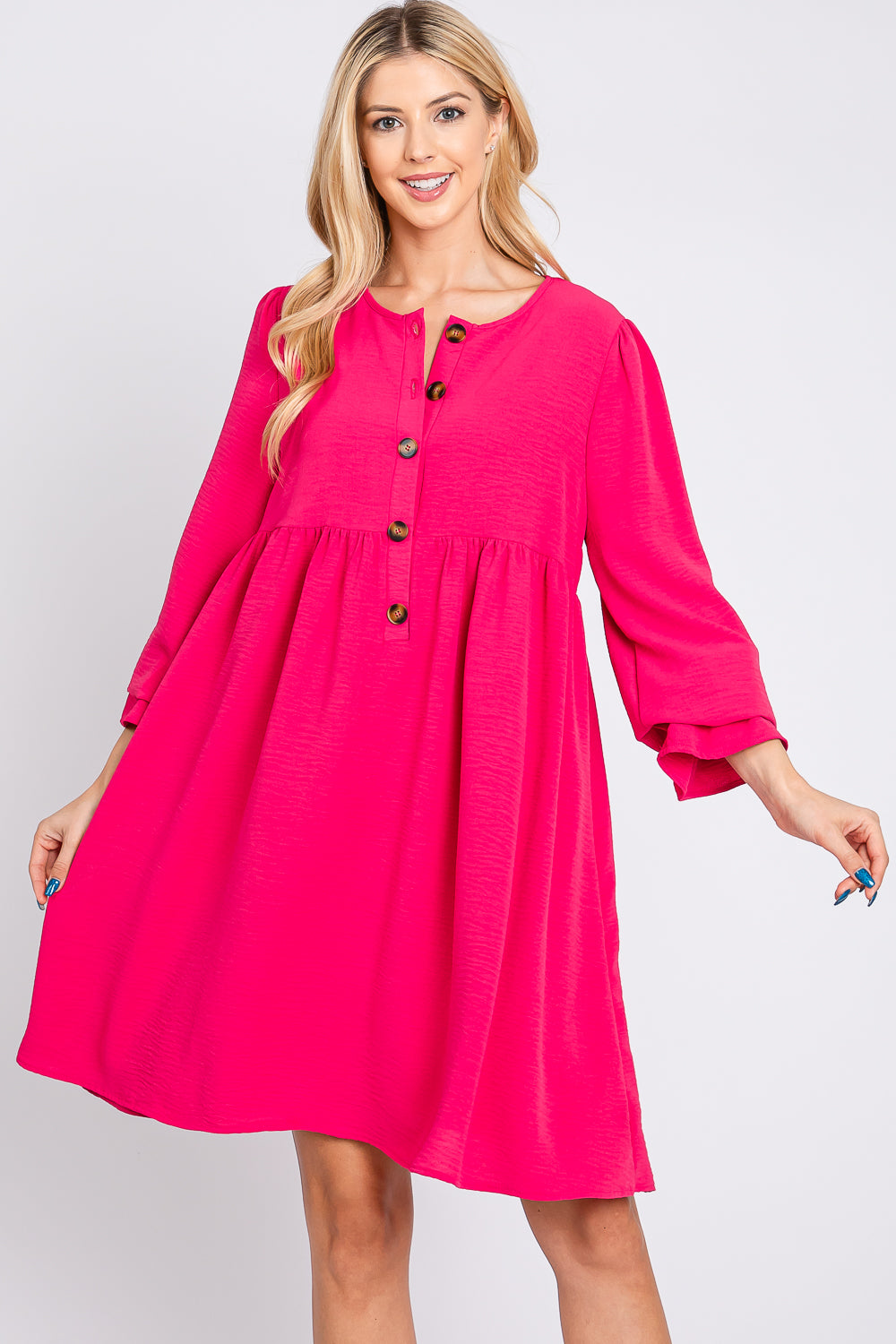 Long sleeve button down fuchsia dress