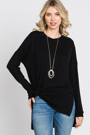 Long sleeve high low side slit jersey black top