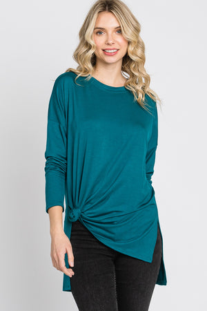 Long sleeve high low side slit jersey teal top