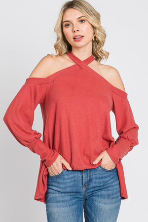 Cold shoulder cross neck sweater knit marsala top