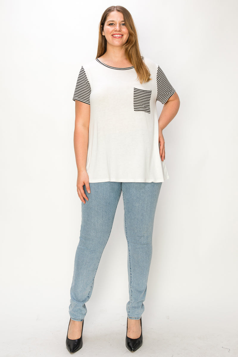 Plus size Short sleeve contrast stripe pocket tee