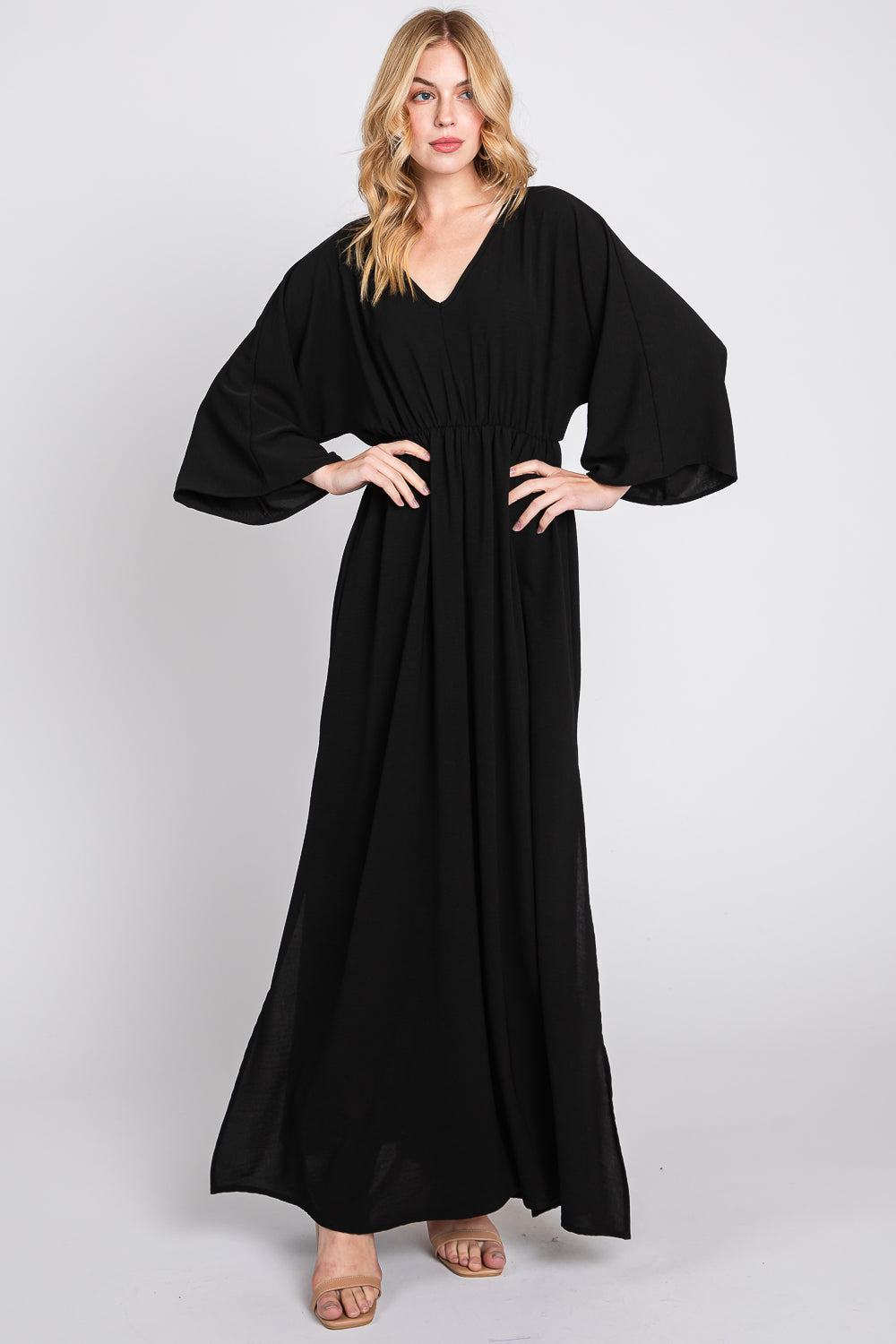 Dolman sleeve V neck open slit maxi dress