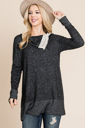 Long sleeve crochet neck tunic black top