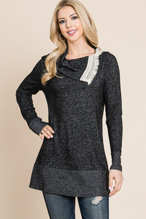 Long sleeve crochet neck tunic black top