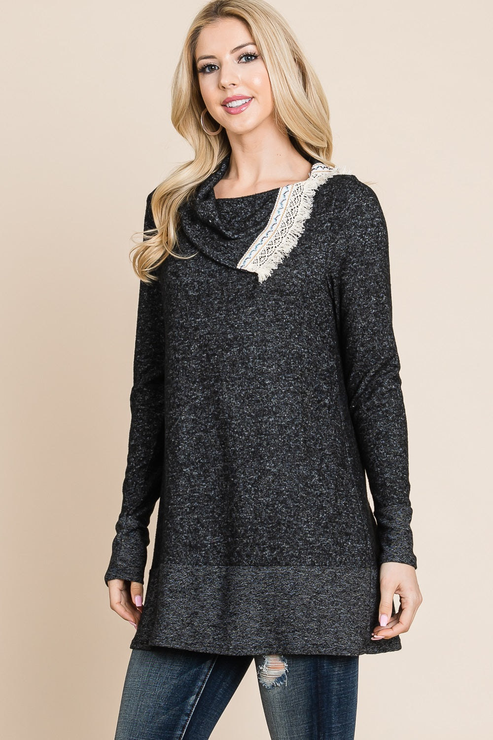 Long sleeve crochet neck tunic black top