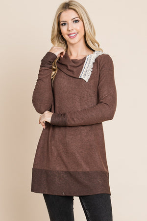 Long sleeve crochet neck tunic brown top