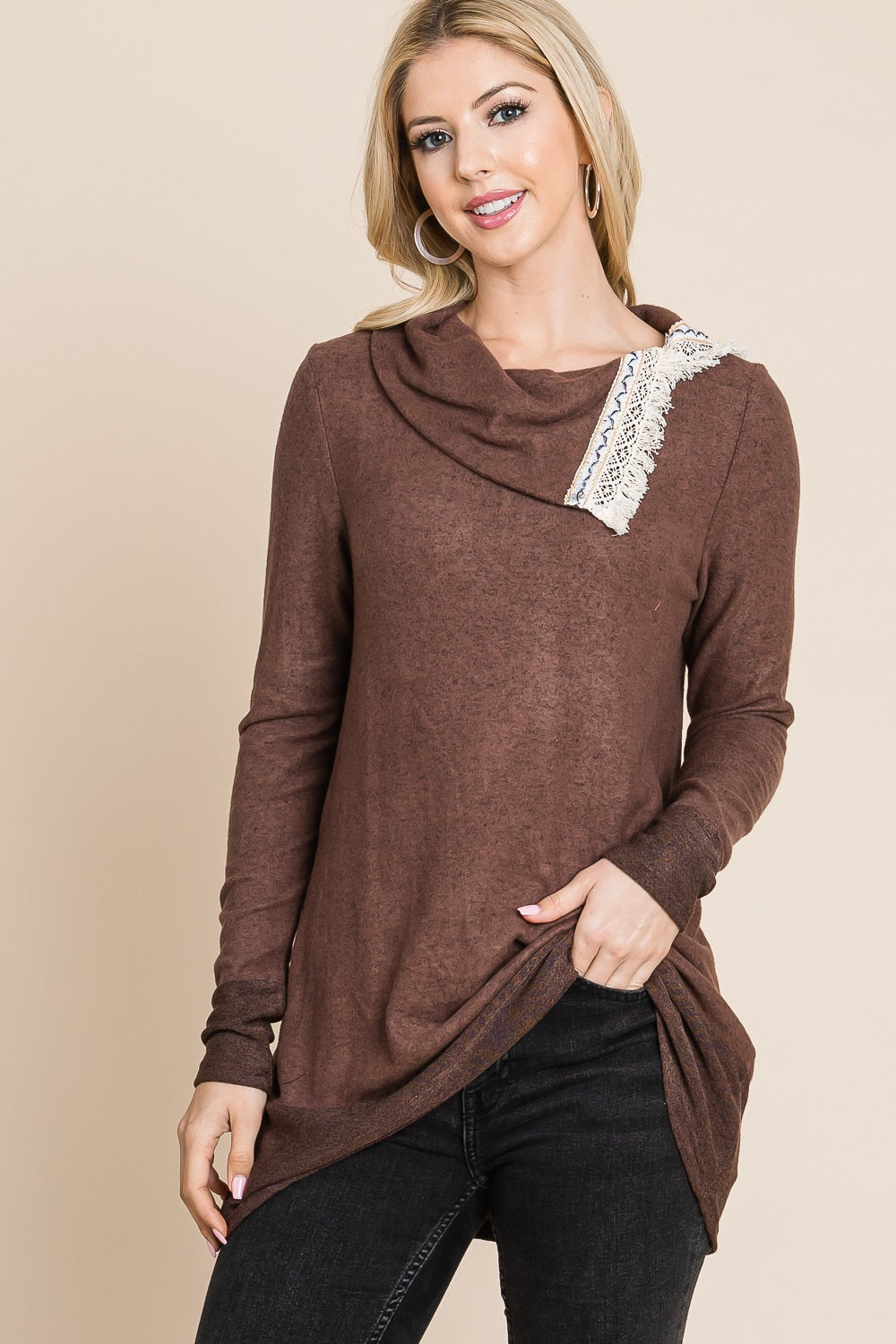 Long sleeve crochet neck tunic brown top