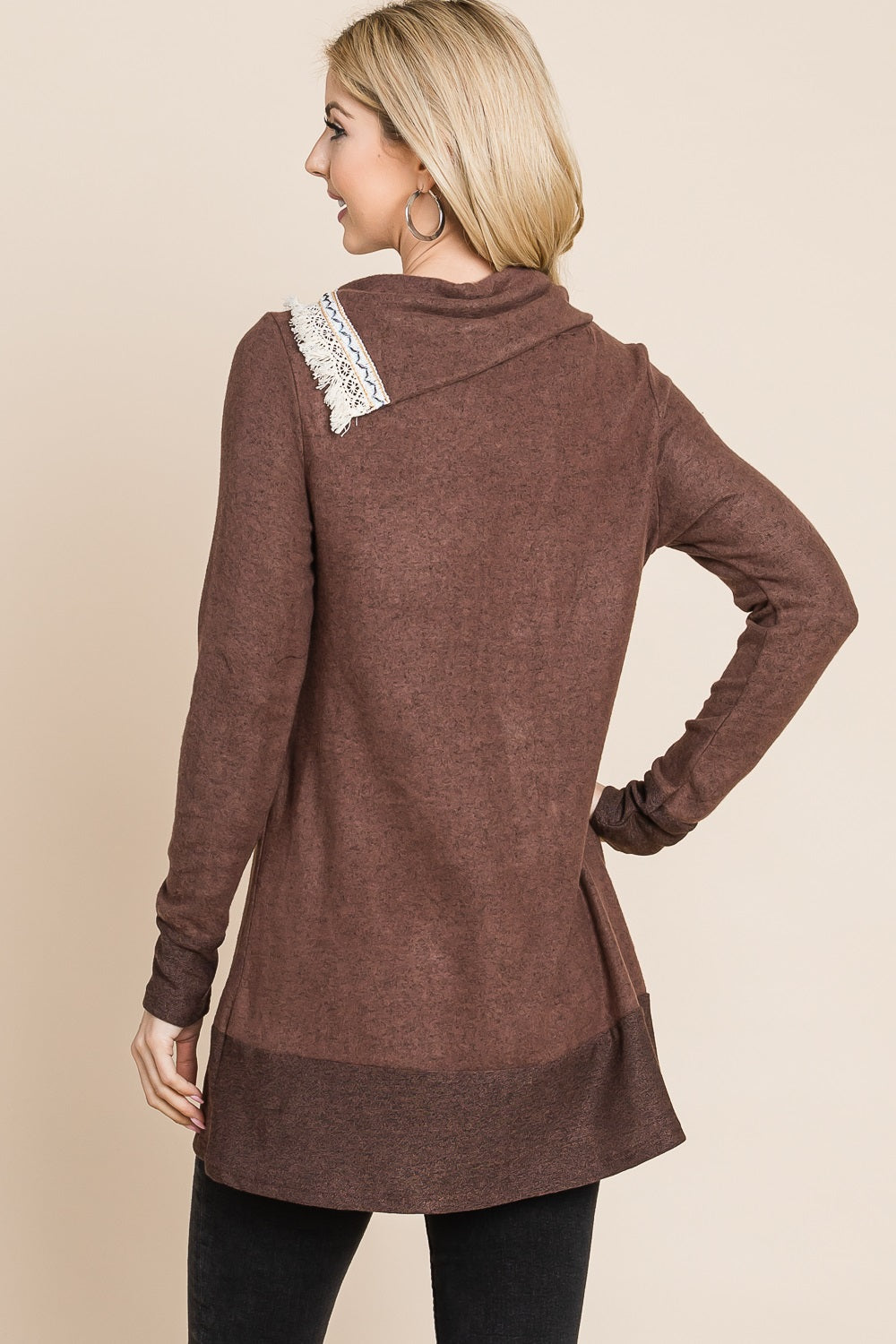 Long sleeve crochet neck tunic brown top