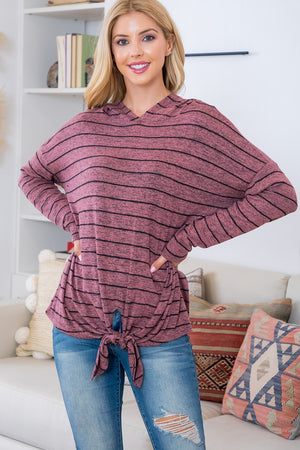 Long sleeve stripe hoody hacci tie front top